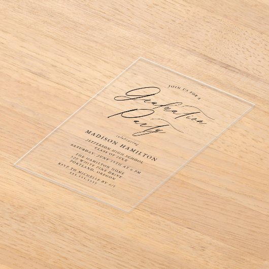 Elegant Black Calligraphy Script Graduparty Acryl Uitnodigingen (Laagn)