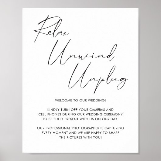 Elegant Black Calligraphy Script Unplugged Wedding Poster (Voorkant)