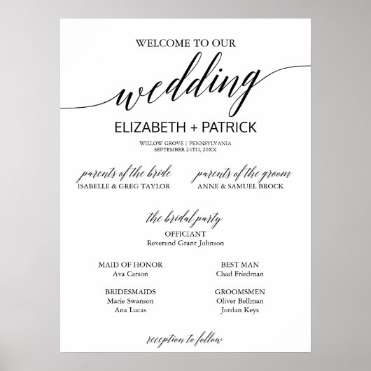 Elegant Black Calligraphy Small Wedding Program Poster (Voorkant)