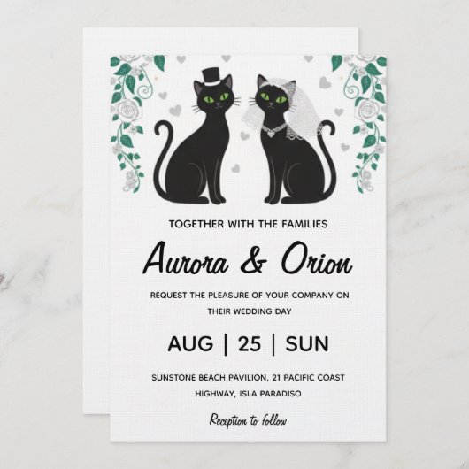 Elegant black cat wedding invitation (Devant / Derrière)
