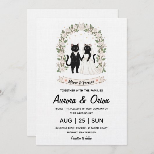 Elegant black cat wedding invitation (Devant / Derrière)