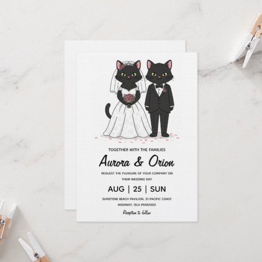 Elegant black cat wedding invitation kaart (Voorkant / Achterkant in situ)