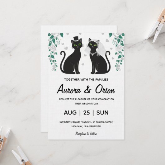 Elegant black cat wedding invitation kaart (Voorkant / Achterkant in situ)