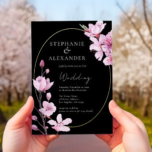 Elegant Black Cherry Blossom QR Code Weddenschap Kaart