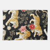 Elegant Black Chinoiserie Tiger and Peony Pattern Theedoek (Horizontaal)