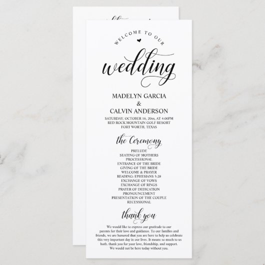 Elegant Black Classy Script, Wedding Ceremonie Programma (Voorkant / Achterkant)