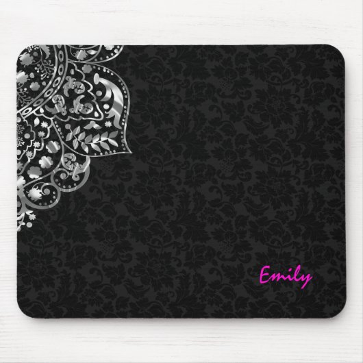 Elegant Black Damascus Silver Metallic  kant Muismat (Voorkant)