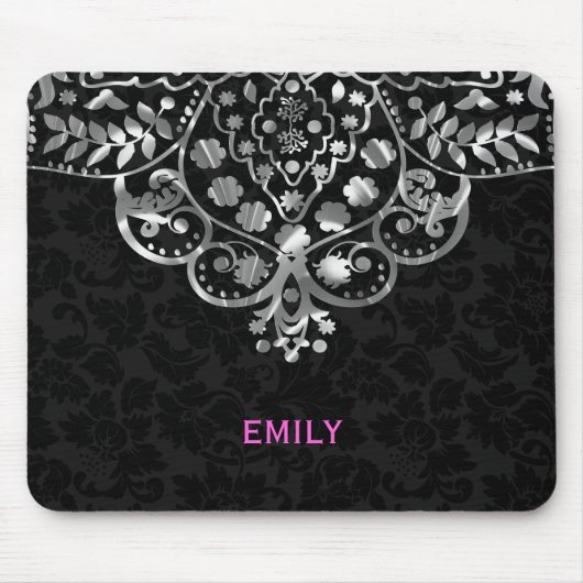 Elegant Black Damascus Silver Metallic kant Muismat (Voorkant)