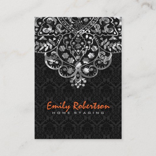 Elegant Black Damascus Silver Metallic  kant Visitekaartje (Voorkant)