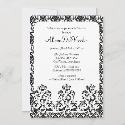 Elegant Black Damask Bridal Shower Invitation Kaart (Voorkant)