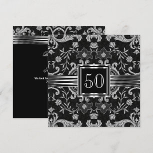 Elegant Black Damask Brocade Silver Birthday Party Kaart