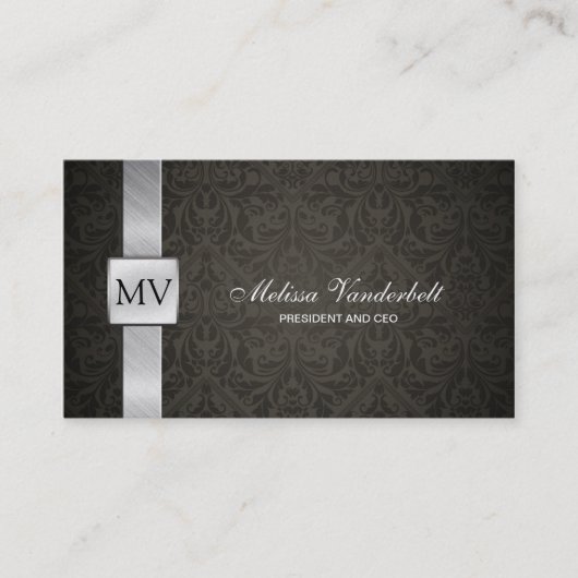 Elegant Black Damask en Silver Visitekaartjes (Voorkant)