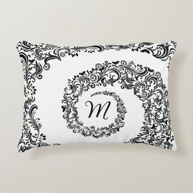 Elegant Black Damask Monogram Accent Kussen (Voorkant)