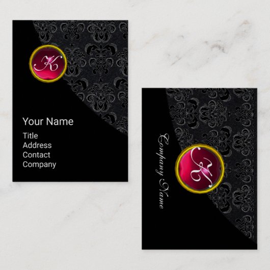ELEGANT BLACK DAMASK PINK RUBY GEMSTONE MONOGRAM VISITEKAARTJE (Voorkant / Achterkant)