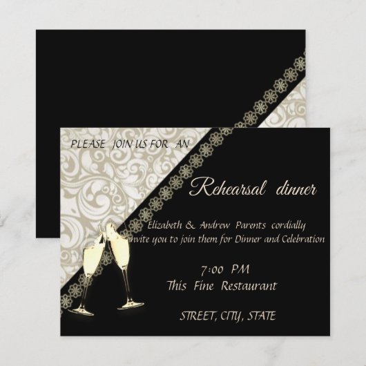 Elegant Black, Damask Weddi Rehearsal Dinner Kaart (Voorkant / Achterkant)
