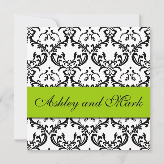 Elegant Black Damask Wedding Invitation Green Kaart (Voorkant)