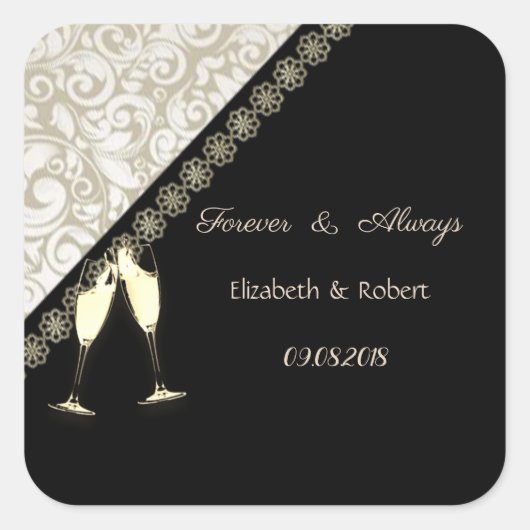 Elegant Black, Damask Wedding Vierkante Sticker (Voorkant)