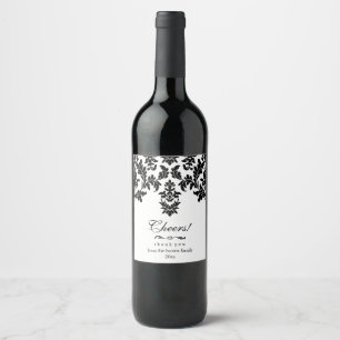 , Elegant Black Damask Wijn Etiket