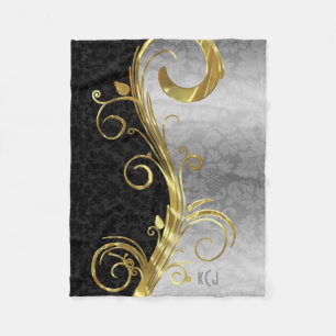 Elegant Black Dammaskers Gold en Silver Swirls Fleece Deken