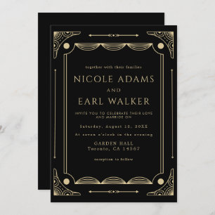 Elegant Black Deco Gold Wedding Kaart