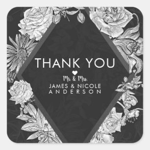 Elegant Black Diamond  Flowers Wedding Vierkante Sticker