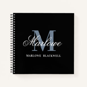 Elegant Black Dusty Blue Monogram Calligrafie Notitieboek