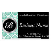 Elegant Black en Blauwgroen Damask Magnetisch Visitekaartje (Voorkant)