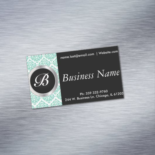 Elegant Black en Blauwgroen Damask Magnetisch Visitekaartje (Voorbeeld)