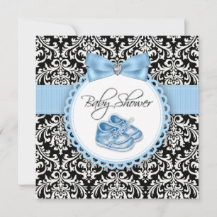 Elegant Black en Blue Damask Baby shower Kaart