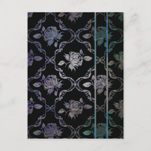  Elegant Black en Blue-Green Damask Rozen Briefkaart
