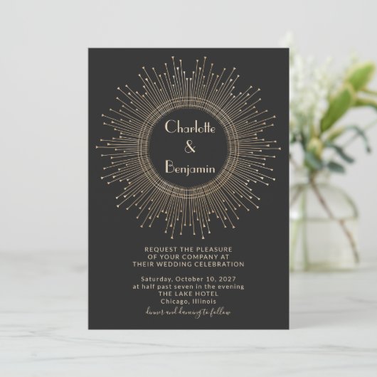 Elegant Black en Gold Art Deco Wedding Kaart (Staand voorkant)