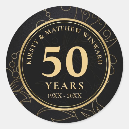 Elegant Black en Gold Botanical 50th Jubileum Ronde Sticker (Voorkant)