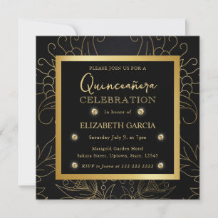 Elegant Black en Gold Botanical Quinceanera Kaart