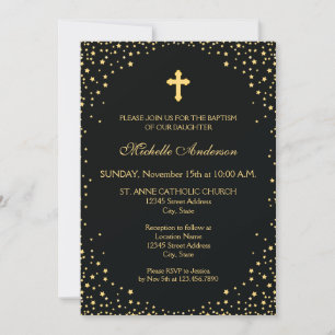 Elegant Black en Gold Cross Christening Baptisme Kaart