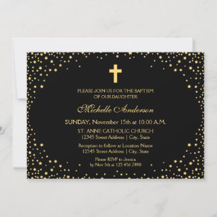 Elegant Black en Gold Cross Christening Baptisme Kaart