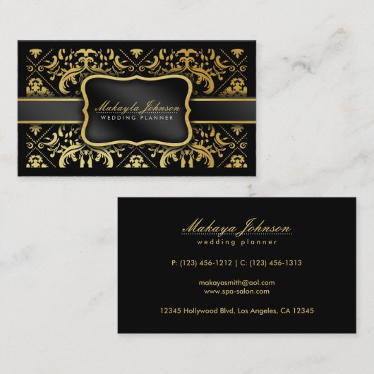 Elegant Black en Gold Damask bruiloft planner Visitekaartje (Voorkant / Achterkant)