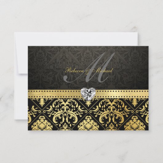 Elegant Black en Gold Damask met Monogram RSVP (Voorkant)