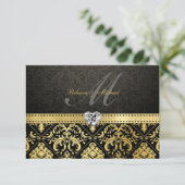Elegant Black en Gold Damask met Monogram RSVP (Staand voorkant)