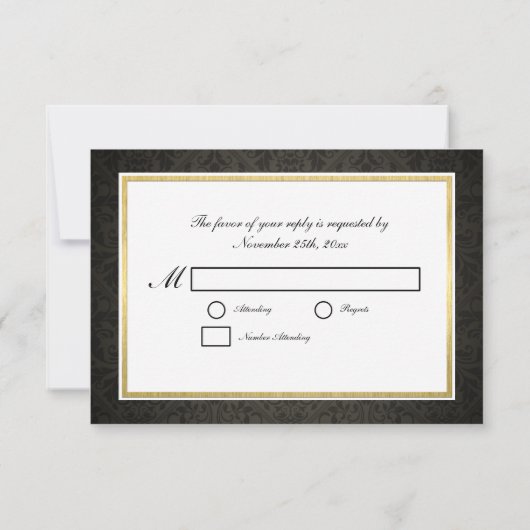 Elegant Black en Gold Damask met Monogram RSVP (Achterkant)
