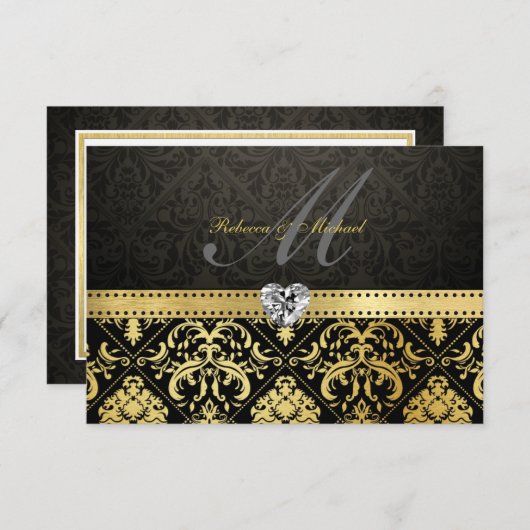 Elegant Black en Gold Damask met Monogram RSVP (Voorkant / Achterkant)