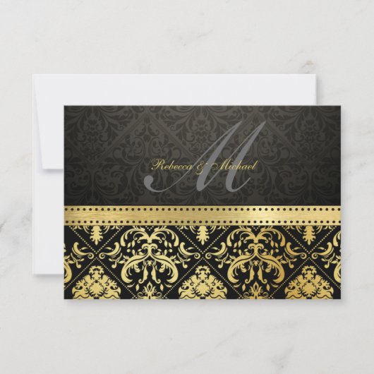 Elegant Black en Gold Damask met Monogram RSVP (Voorkant)