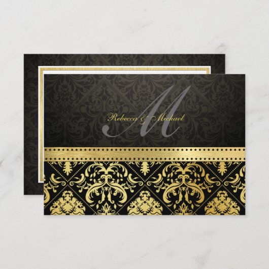 Elegant Black en Gold Damask met Monogram RSVP (Voorkant / Achterkant)