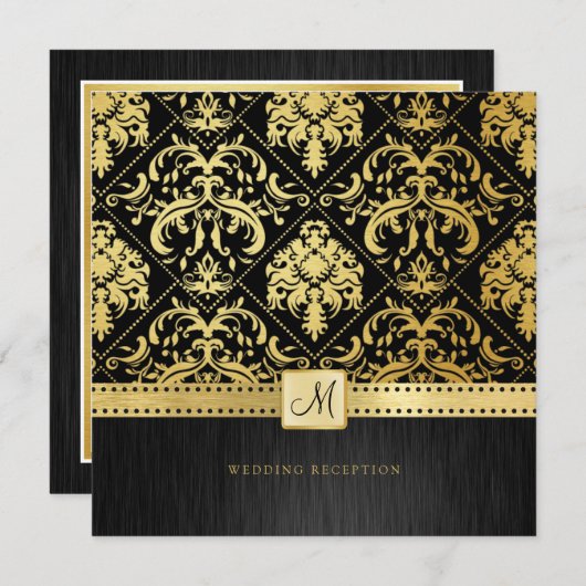 Elegant Black en Gold  Damask Reception Kaart (Voorkant / Achterkant)