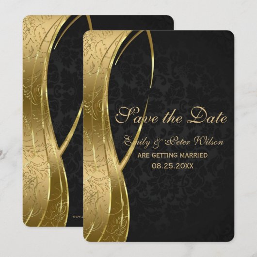 Elegant Black en Gold Damask-Save the Date Kaart (Voorkant / Achterkant)