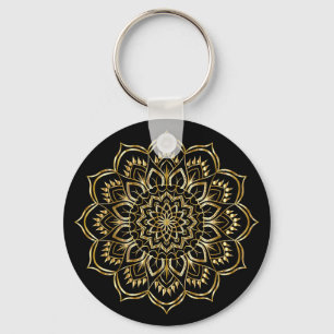 Elegant Black en Gold Floral Mandala Pattern Sleutelhanger
