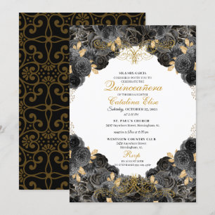 Elegant Black en Gold Floral Quinceanera Birthday Kaart