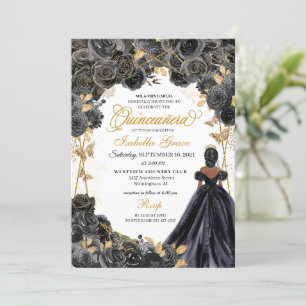 Elegant Black en Gold Floral Quinceanera Invitati Kaart