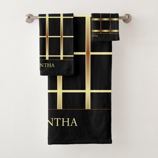 Elegant Black en Gold Geometric Squares Bad Handdoek (Insitu)