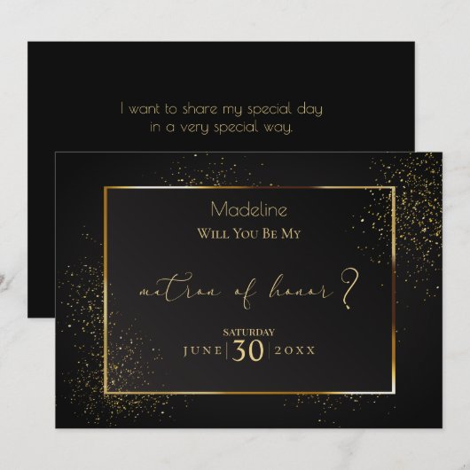 Elegant Black en Gold Glitter Matron of Honor Kaart (Voorkant / Achterkant)