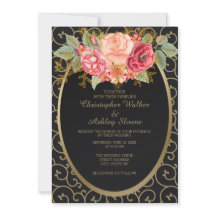 Elegant Black en Gold met Rozen Wedding Invite